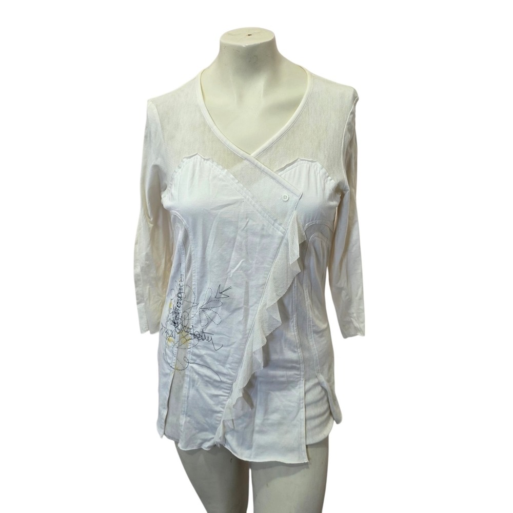 FRIME White‎ Ruffle Wrap Tunic Top Women's US 12 3/4 Sleeve Cotton Stretch Boho